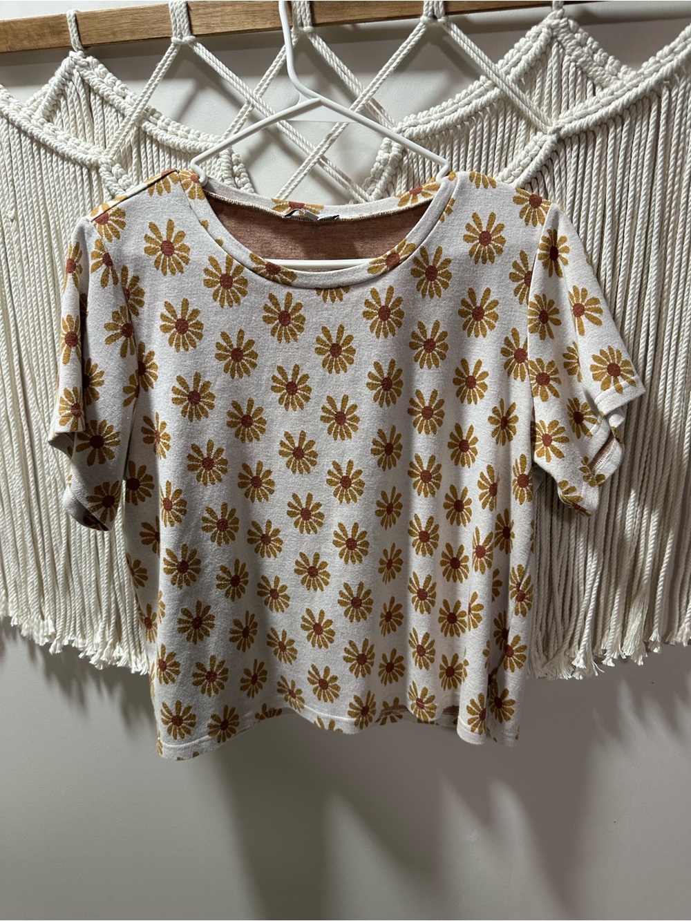 Polagram Cream Tee with Mustard Daisy Print and Brown Accents